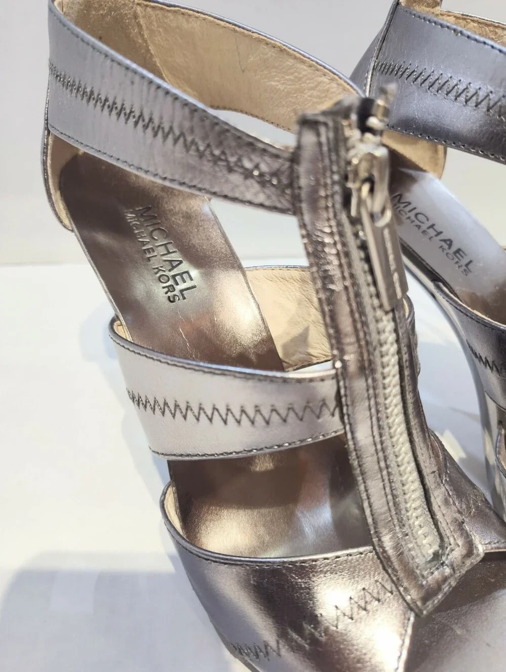 Michael Kors Metallic Silver Zip-Front Strappy Stiletto Sandals